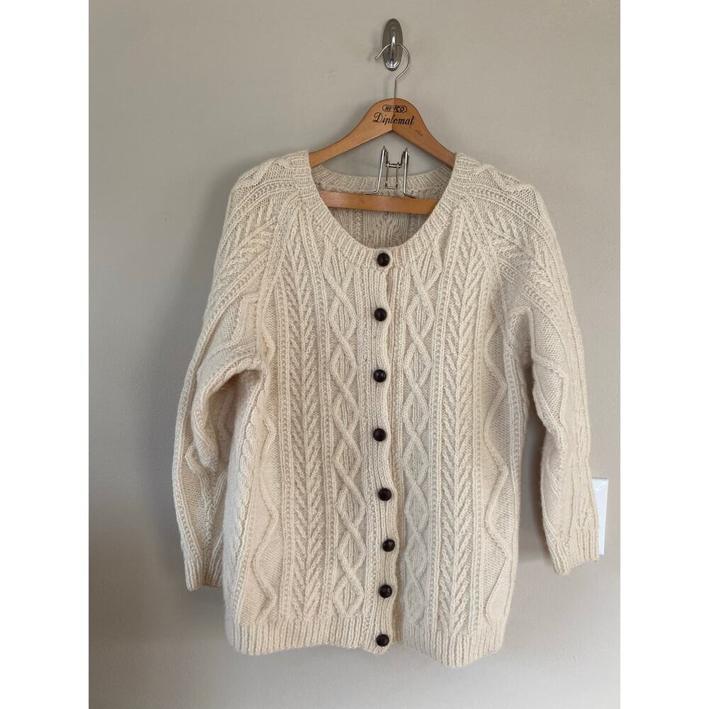Vtg 70s ? Cream Wool Cable Knit Fisherman Cardigan Sweater XL-1X Leather Buttons
